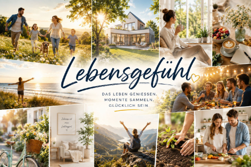 Collage aus Lebensmomenten: Familie, Garten, Genuss und Natur als Inspiration für ein individuell geplantes Haus